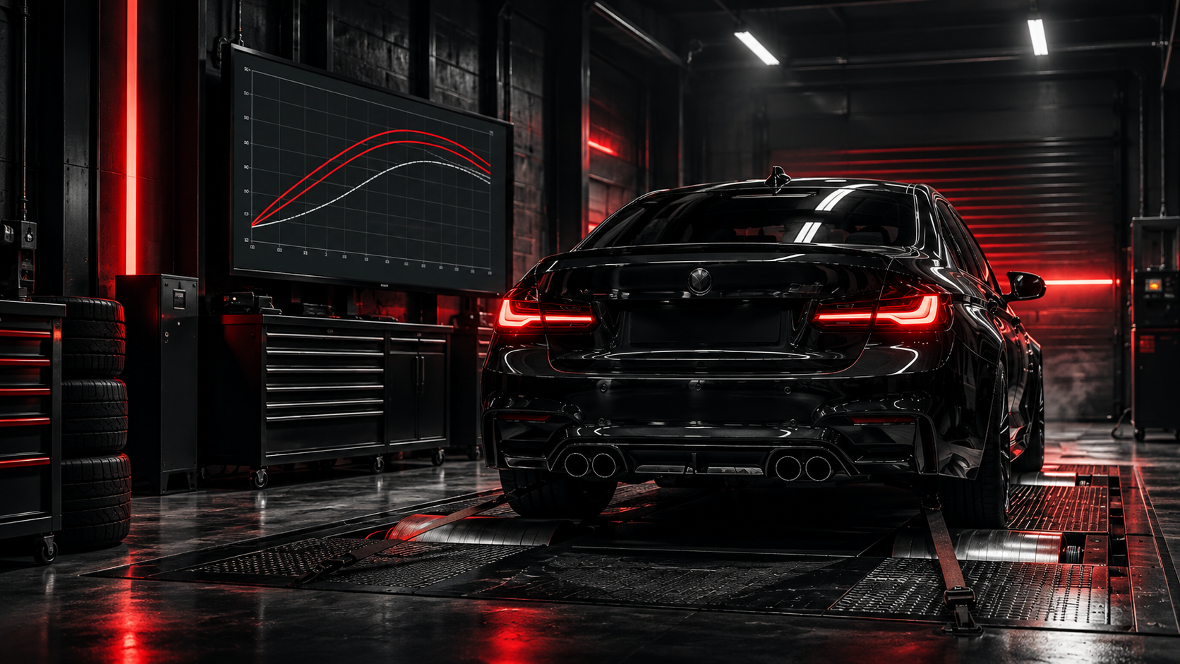 Performance car on a rolling road dyno